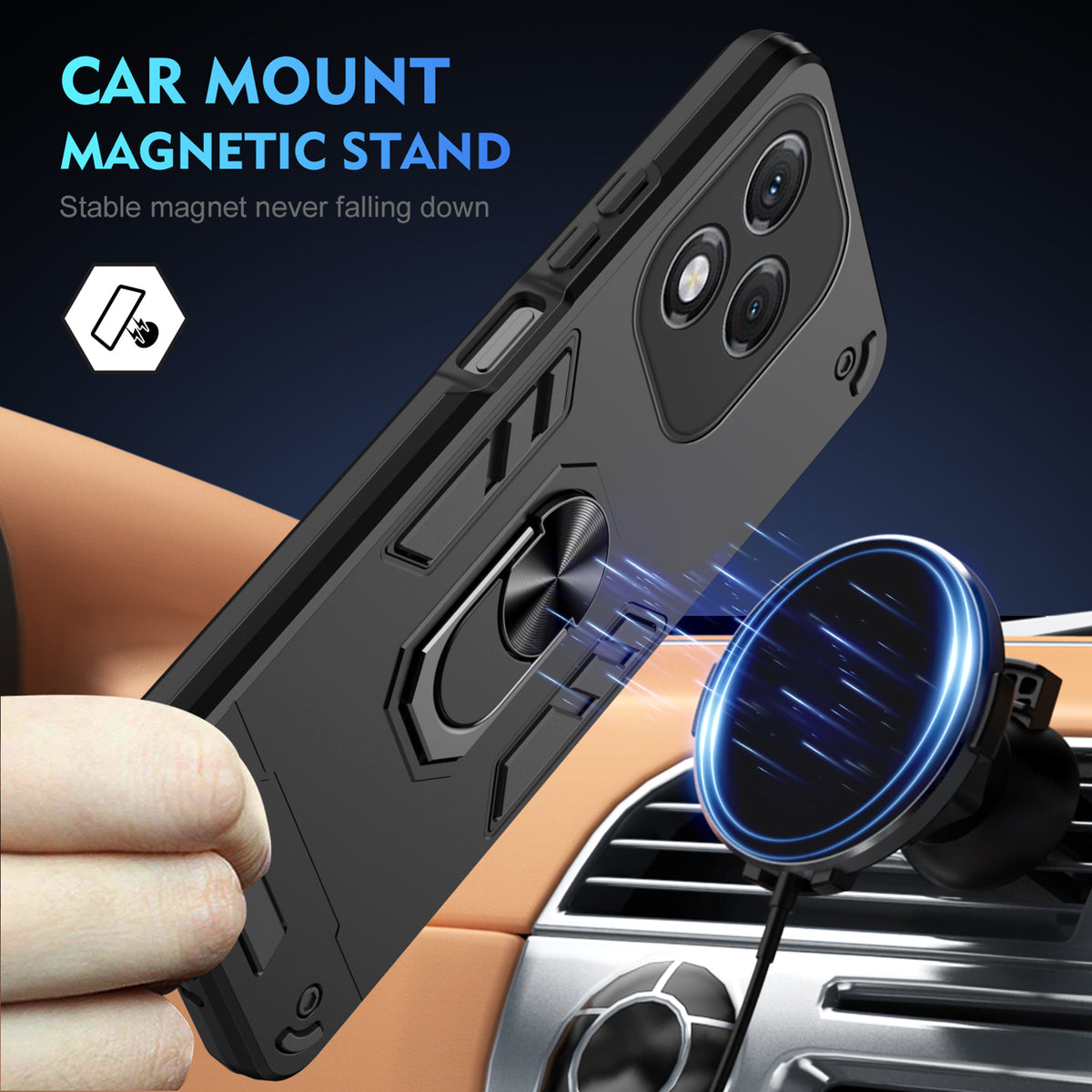 WANLONFENG til Honor 400 Lite 5G YS Series Cover Kickstand Stødsikker PC TPU Telefoncover med 2 stk. Hærdet Glasfilm