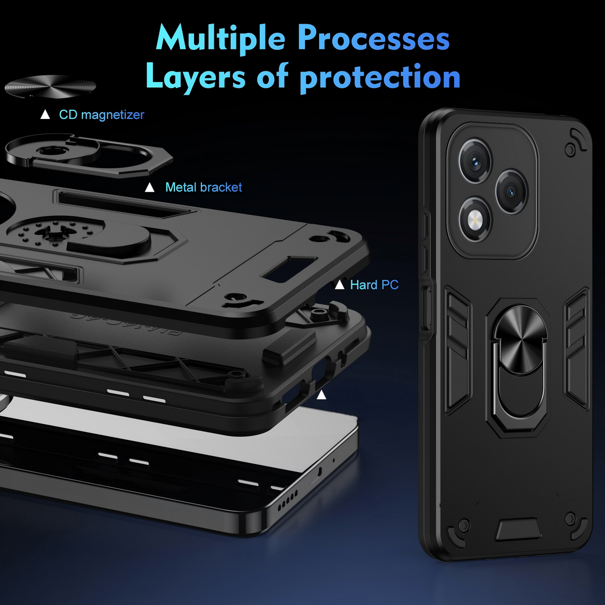 WANLONFENG til Honor 400 Lite 5G YS Series Cover Kickstand Stødsikker PC TPU Telefoncover med 2 stk. Hærdet Glasfilm