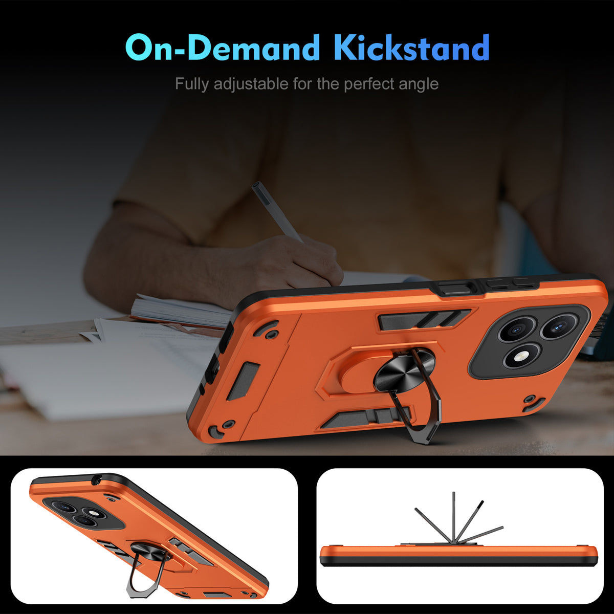 WANLONFENG for Honor X8d 4G YS Series Case Kickstand Shockproof PC TPU Phone Cover with 2Pcs Tempered Glass Film