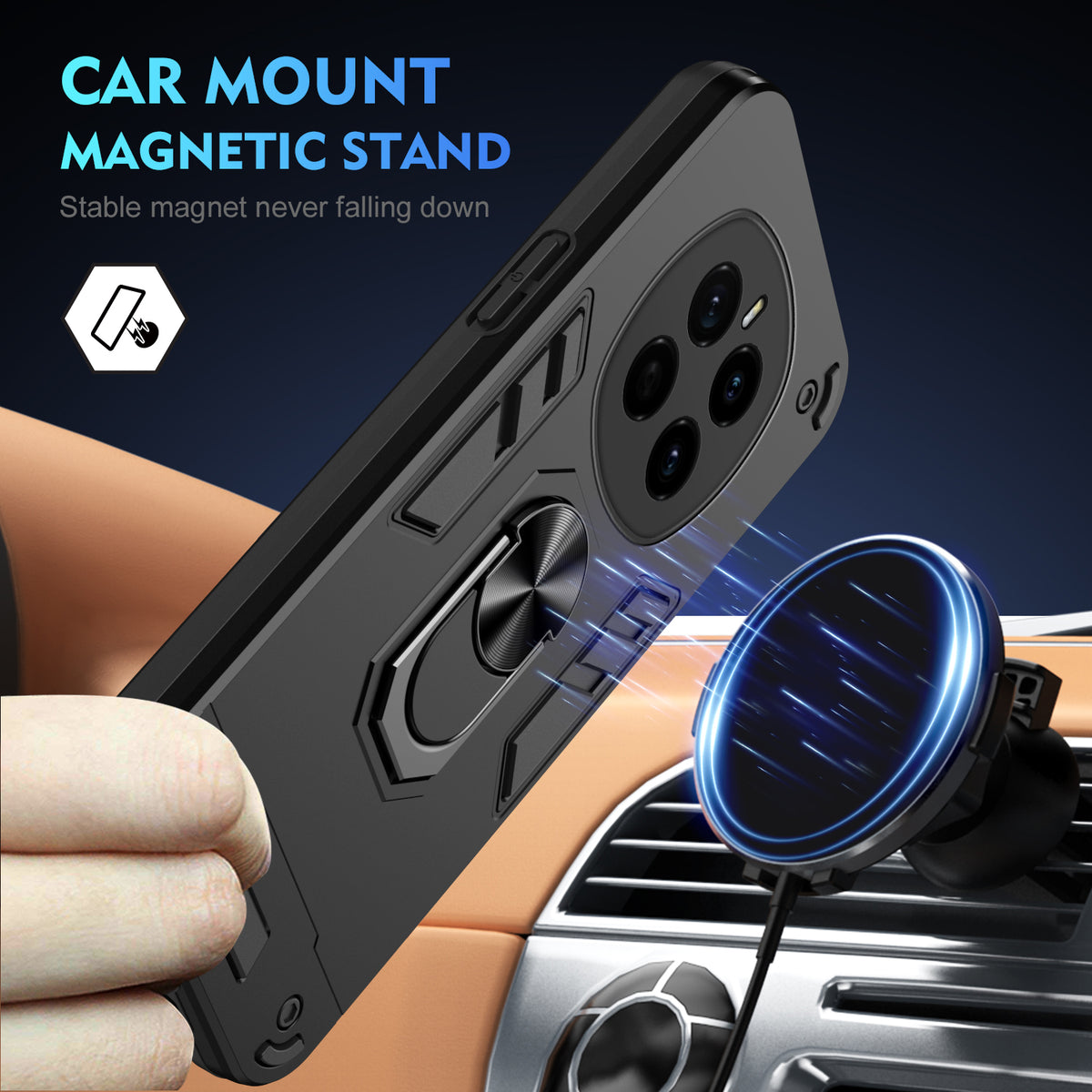 WANLONFENG for Honor Magic7 5G YS Series Case Kicktand Shockproof PC TPU Phone Cover with 2Pcs Tempered Glass Film