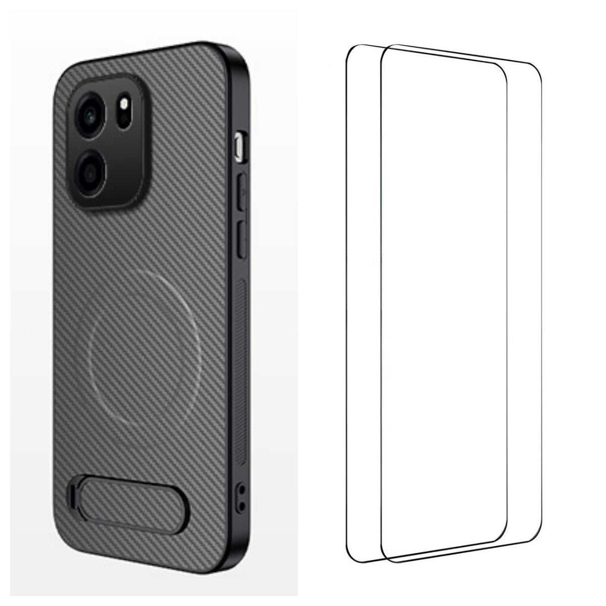 WANLONFENG för OnePlus Turbo 6V 5G / OnePlus Nord CE6 5G QT1-serien magnetiskt skal med 2 st. härdat glasfilmer stativ kolfiberstruktur PC TPU mobilskal