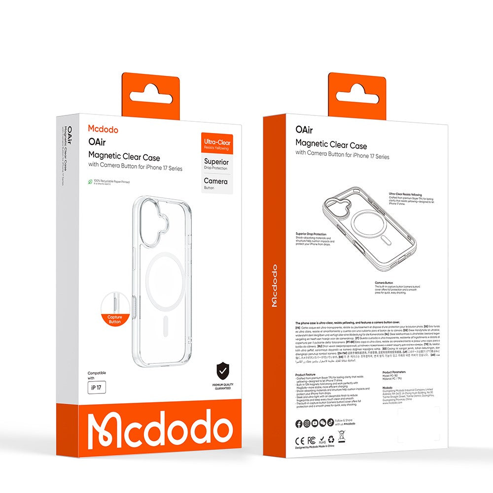 MCDODO PC-1824 for iPhone 17 Magnetic Case with Camera Button Shockproof PC + TPU Phone Cover