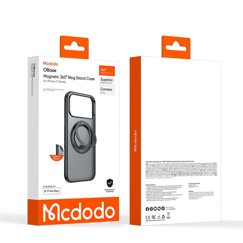 MCDODO PC-1872 for iPhone 17 Pro Max Magnetic Case 360° Ring Kickstand PC + TPU Phone Cover