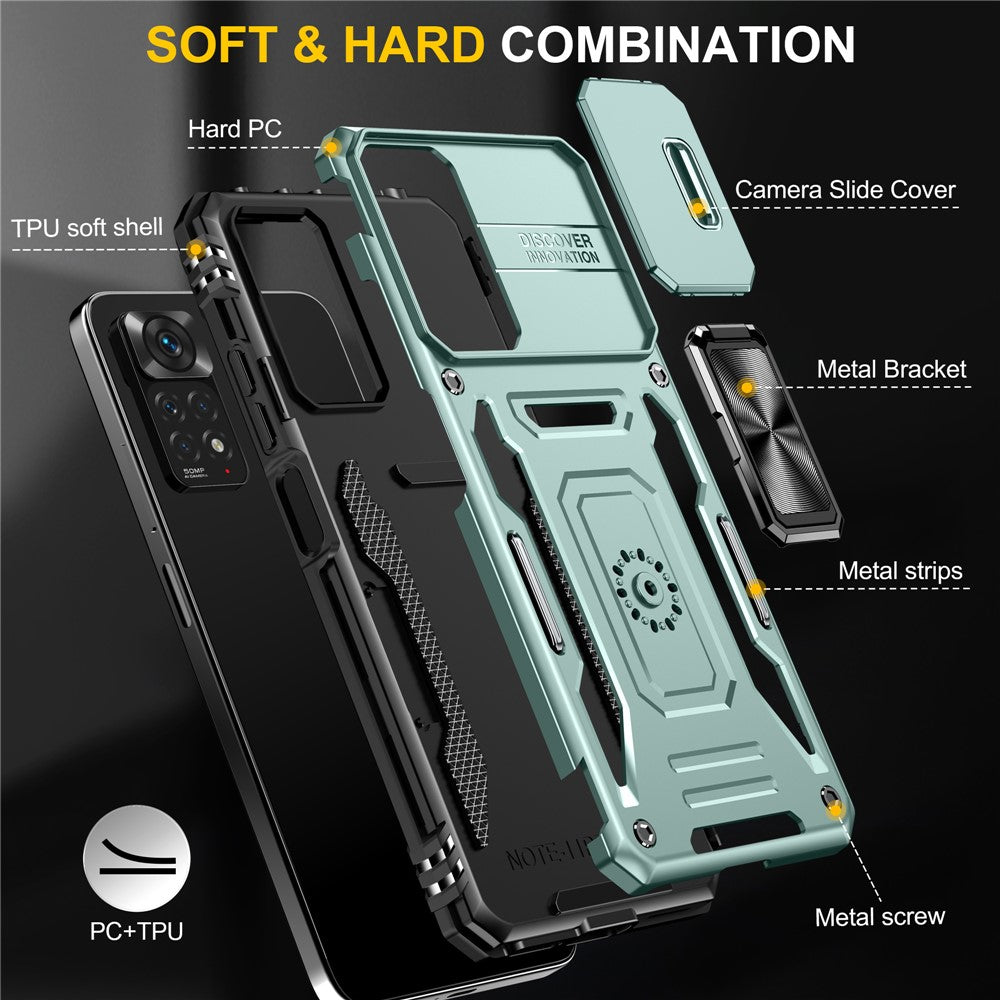Armor Series for Xiaomi Redmi Note 12 Pro 4G / 11 Pro 4G (MediaTek) / Note 11 Pro 5G (Qualcomm) Slide Camera Protection Case Kickstand PC + TPU Impact-Resistant Cover