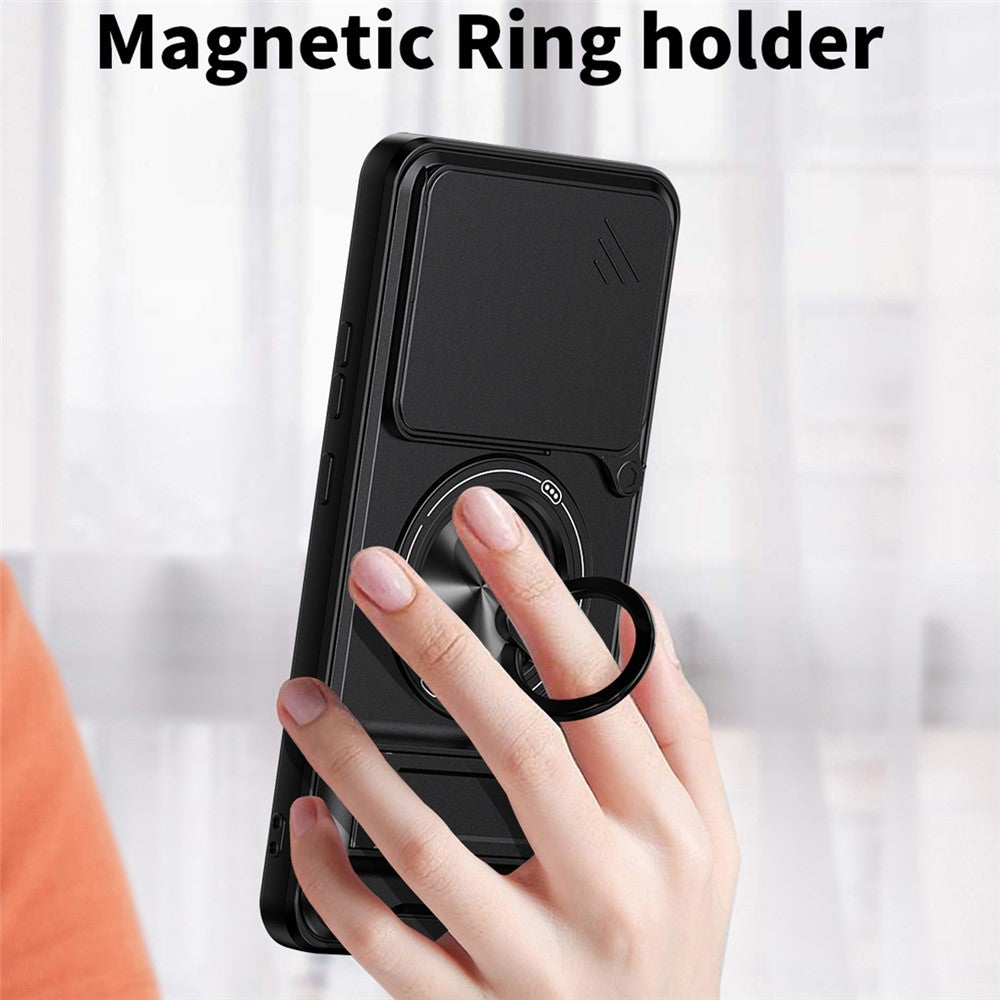 For Motorola Signature 5G Magnetic Case Ring Holder Foldable Kickstand TPU PC Phone Cover with Camera Lens Slider
