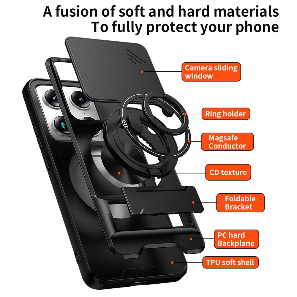 For Motorola Signature 5G Magnetic Case Ring Holder Foldable Kickstand TPU PC Phone Cover with Camera Lens Slider