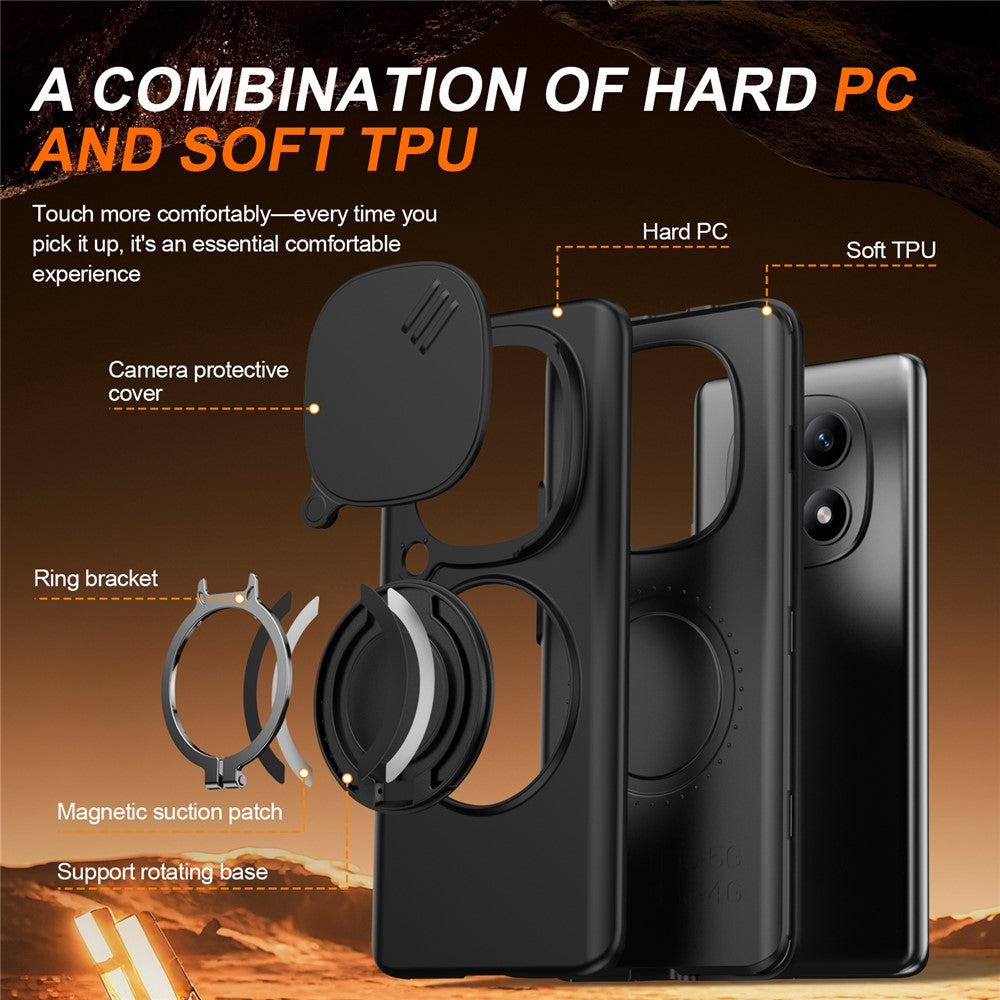 Magnetisk etui til Xiaomi Redmi Note 15 5G (Global) / Note 15 4G (Global) / Poco M8 5G med ringstativ, glidende kamerabeskyttelse og TPU-PC-hybridmobilcover