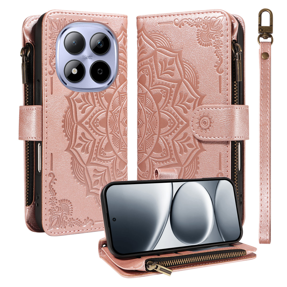 For Xiaomi Redmi Note 15 Pro 5G (Global) Wallet Case 9 Card Slots RFID Blocking Mandala Embossed Leather Flip Cover with Wrist Strap