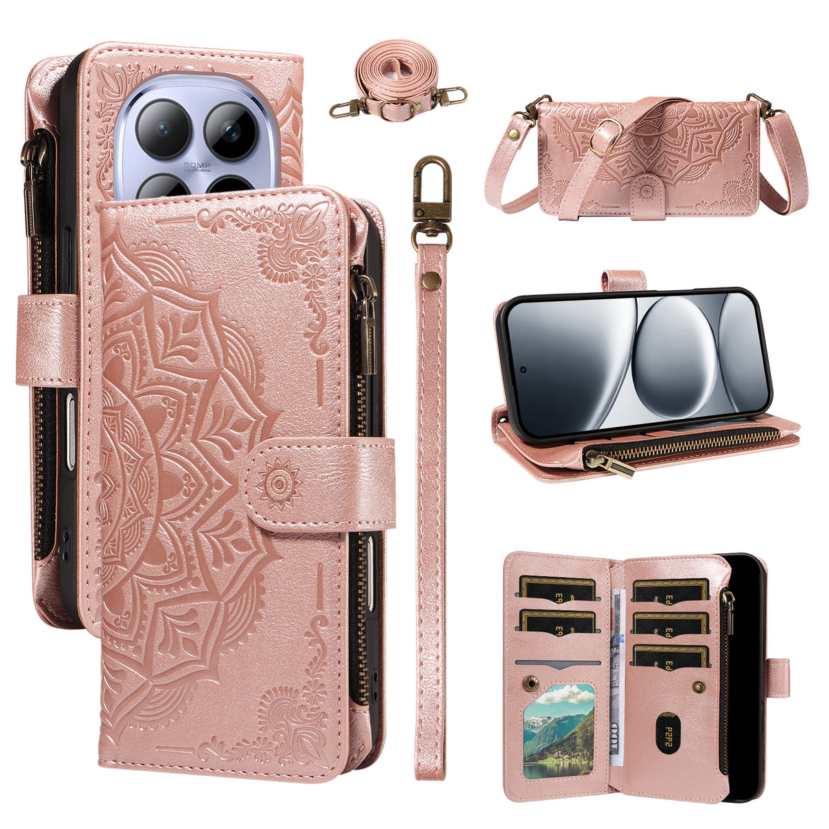 For Xiaomi Redmi Note 15 Pro 5G (Global) Wallet Case 9 Card Slots RFID Blocking Mandala Embossed Leather Flip Cover with Wrist Strap
