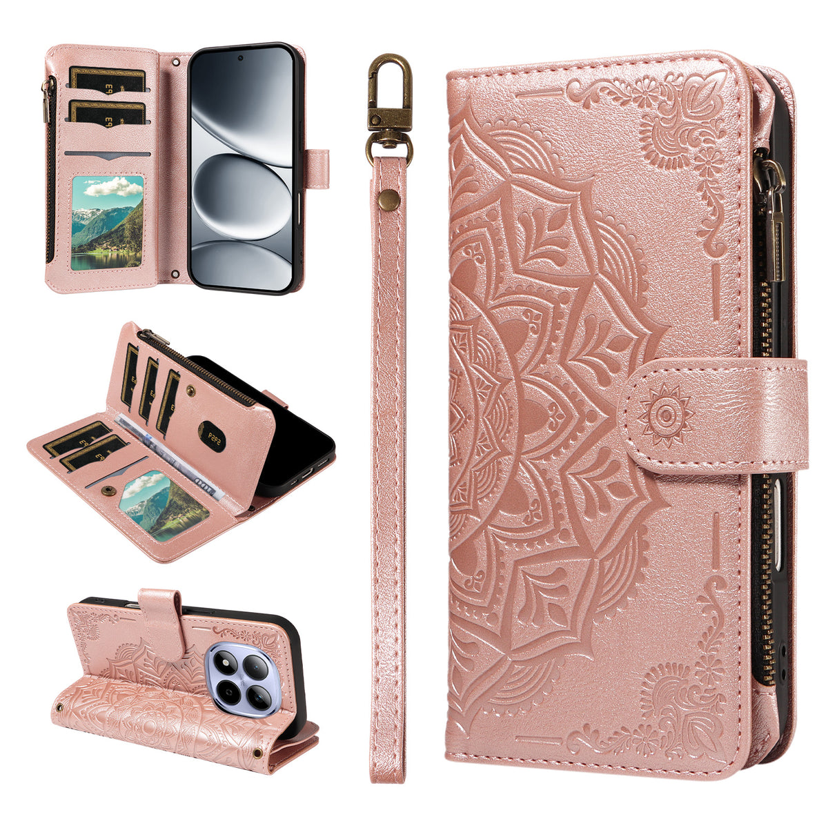 For Xiaomi Redmi Note 15 Pro 5G (Global) Wallet Case 9 Card Slots RFID Blocking Mandala Embossed Leather Flip Cover with Wrist Strap