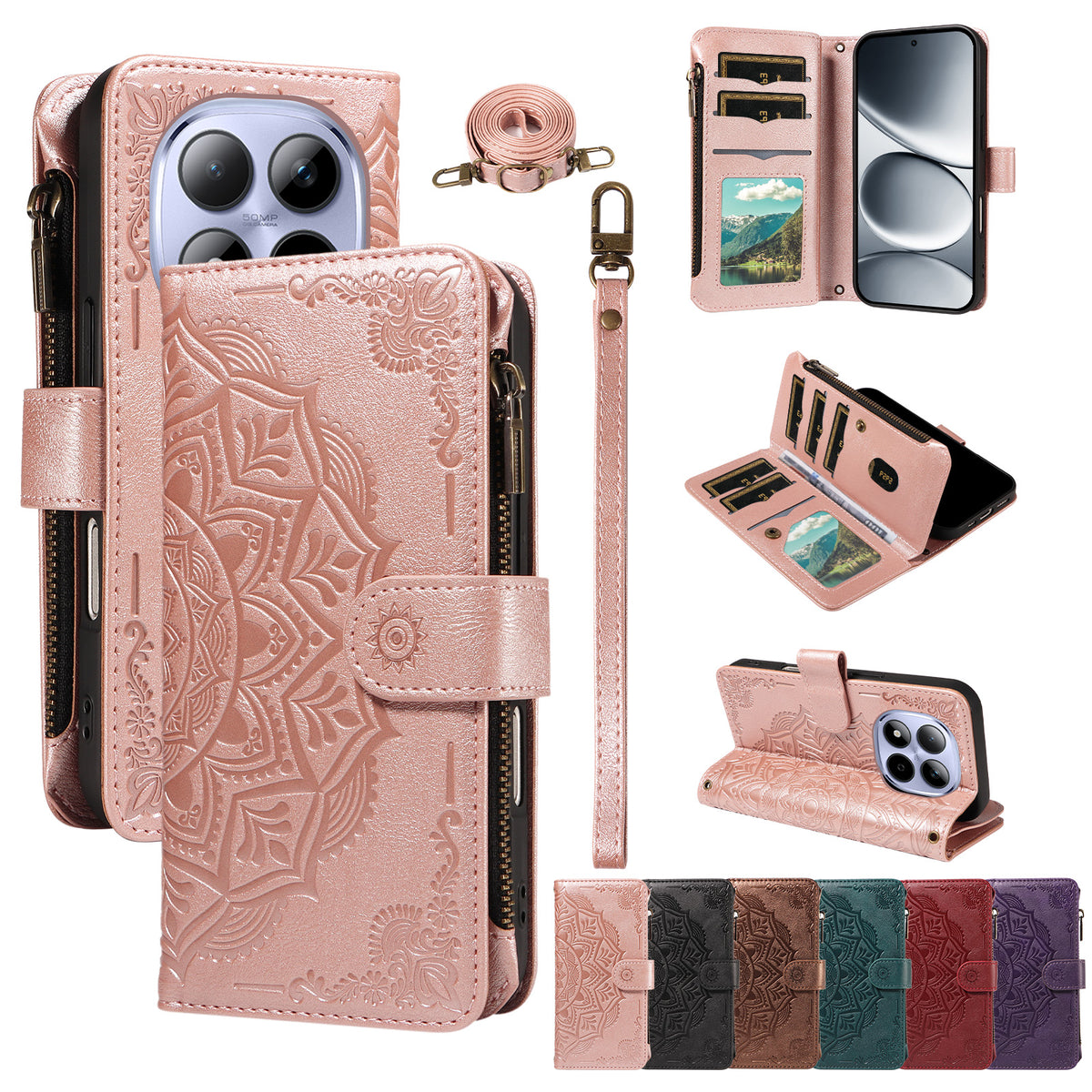 For Xiaomi Redmi Note 15 Pro 5G (Global) Wallet Case 9 Card Slots RFID Blocking Mandala Embossed Leather Flip Cover with Wrist Strap