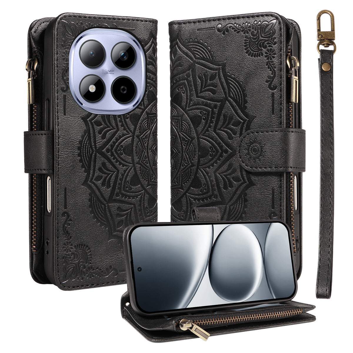 For Xiaomi Redmi Note 15 Pro 5G (Global) Wallet Case 9 Card Slots RFID Blocking Mandala Embossed Leather Flip Cover with Wrist Strap