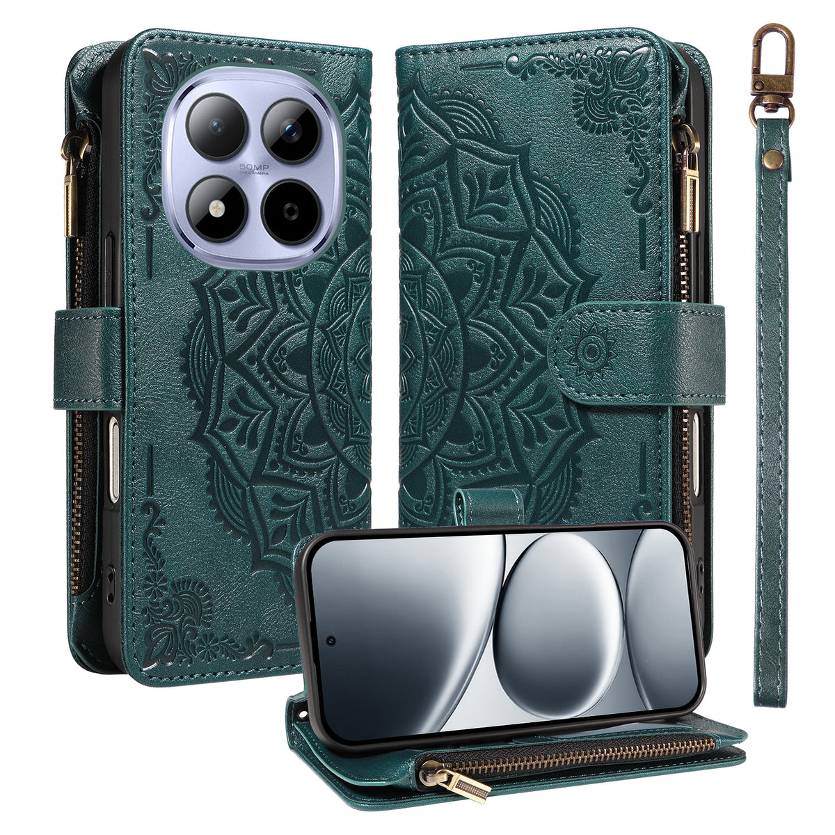 For Xiaomi Redmi Note 15 Pro 5G (Global) Wallet Case 9 Card Slots RFID Blocking Mandala Embossed Leather Flip Cover with Wrist Strap