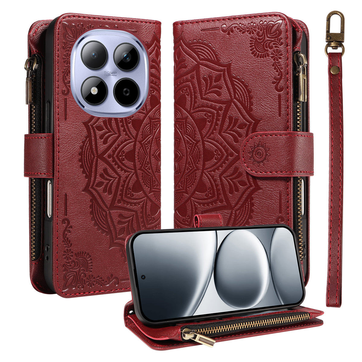For Xiaomi Redmi Note 15 Pro 5G (Global) Wallet Case 9 Card Slots RFID Blocking Mandala Embossed Leather Flip Cover with Wrist Strap