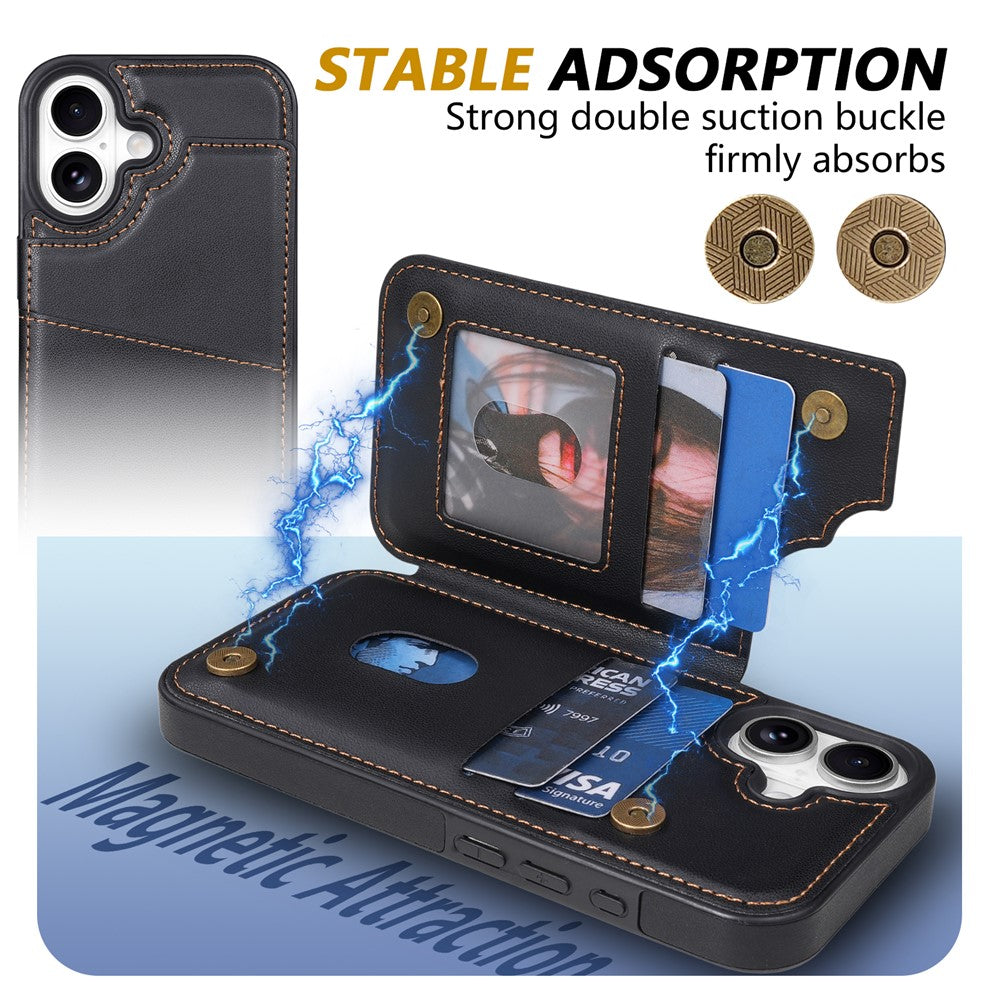 N.BEKUS P4 for iPhone 17 Case Magnetic Buttons Leather + TPU Phone Cover with Card Holder Kickstand
