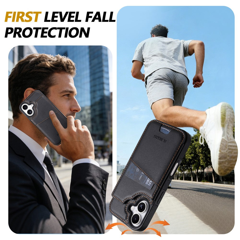 N.BEKUS P4 for iPhone 17 Case Magnetic Buttons Leather + TPU Phone Cover with Card Holder Kickstand