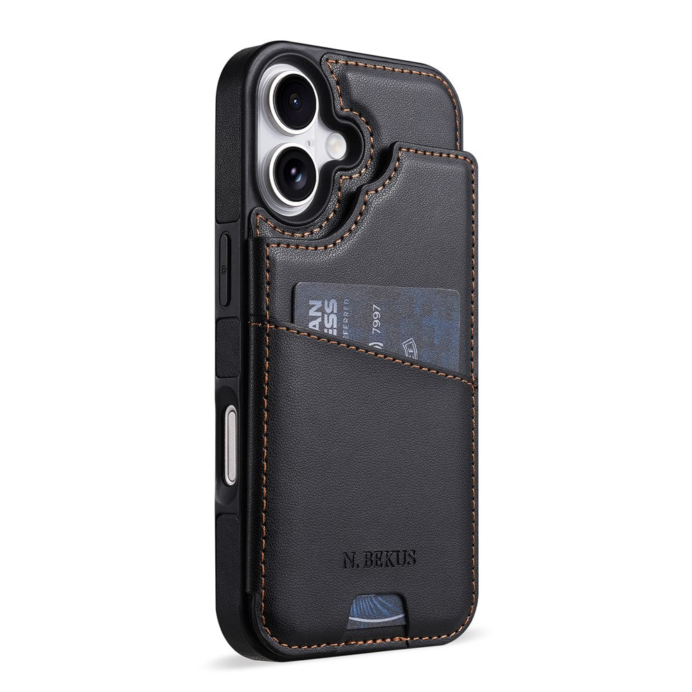 N.BEKUS P4 for iPhone 17 Case Magnetic Buttons Leather + TPU Phone Cover with Card Holder Kickstand