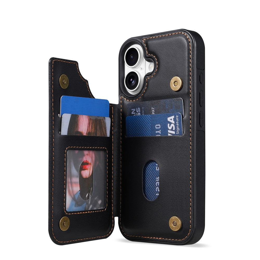 N.BEKUS P4 for iPhone 17 Case Magnetic Buttons Leather + TPU Phone Cover with Card Holder Kickstand