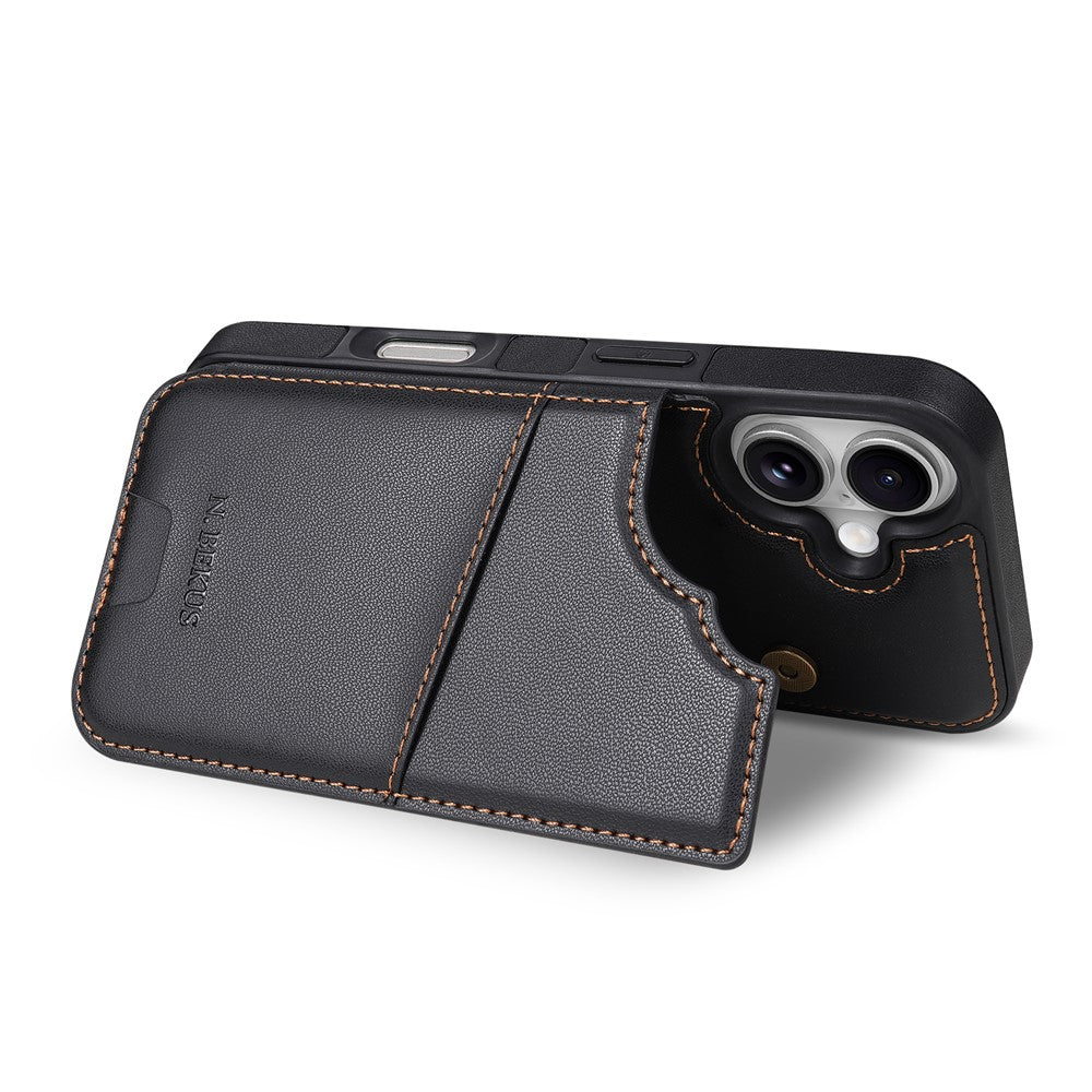 N.BEKUS P4 for iPhone 17 Case Magnetic Buttons Leather + TPU Phone Cover with Card Holder Kickstand