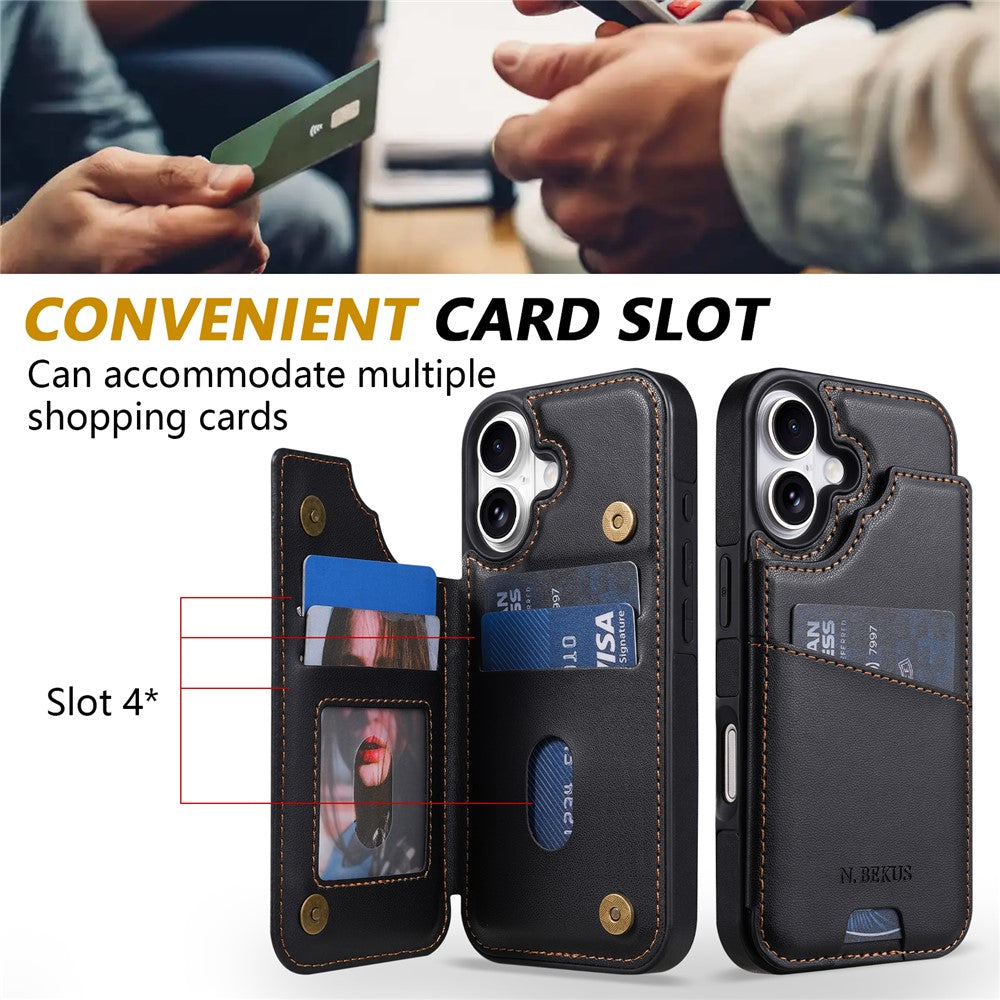 N.BEKUS P4 for iPhone 17 Case Magnetic Buttons Leather + TPU Phone Cover with Card Holder Kickstand