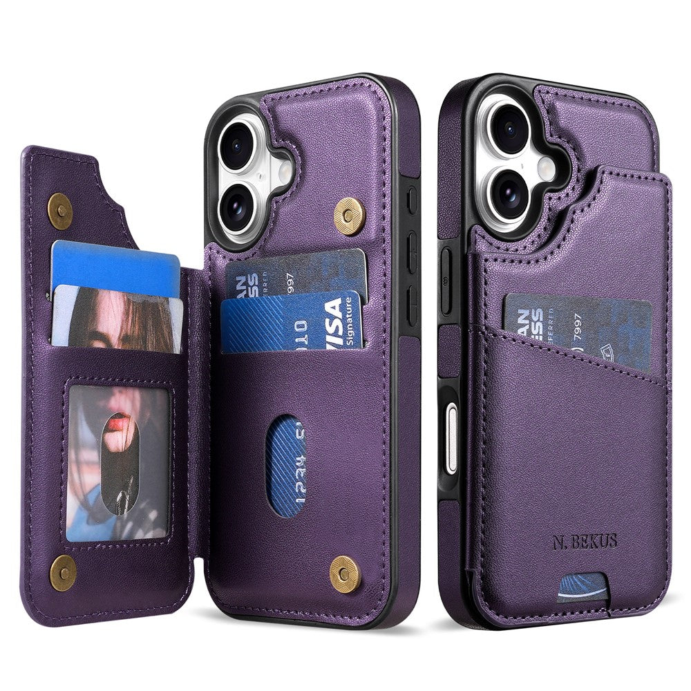 N.BEKUS P4 for iPhone 17 Case Magnetic Buttons Leather + TPU Phone Cover with Card Holder Kickstand