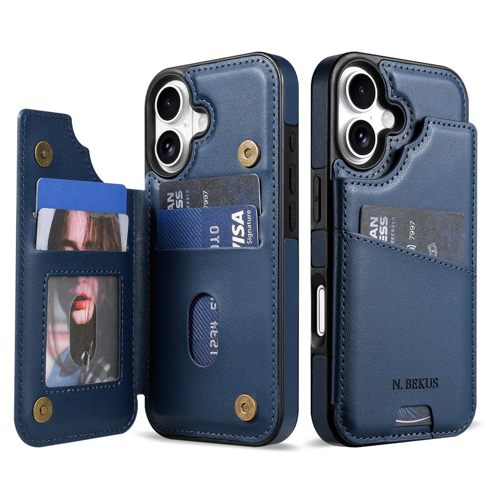 N.BEKUS P4 for iPhone 17 Case Magnetic Buttons Leather + TPU Phone Cover with Card Holder Kickstand