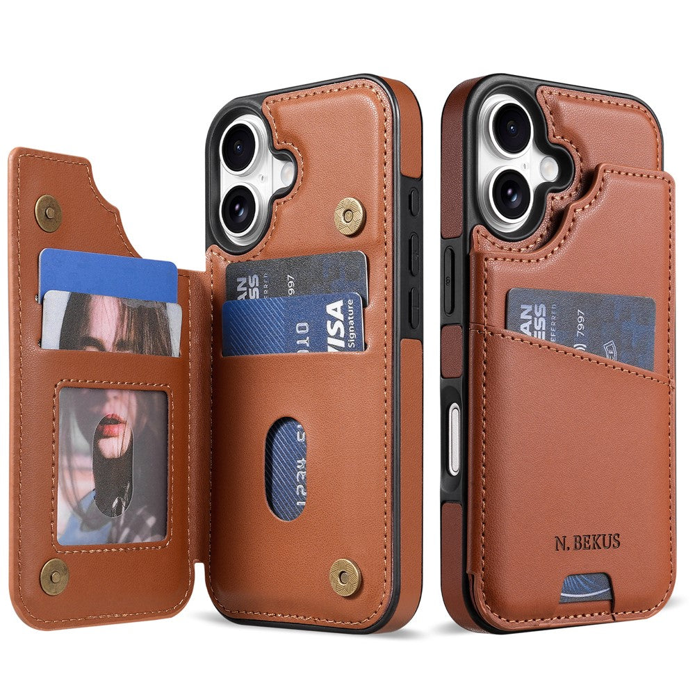 N.BEKUS P4 for iPhone 17 Case Magnetic Buttons Leather + TPU Phone Cover with Card Holder Kickstand