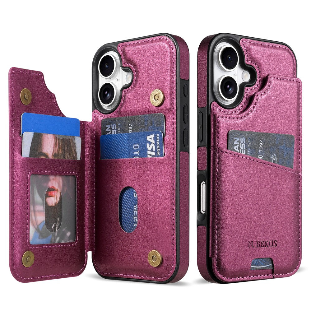 N.BEKUS P4 for iPhone 17 Case Magnetic Buttons Leather + TPU Phone Cover with Card Holder Kickstand