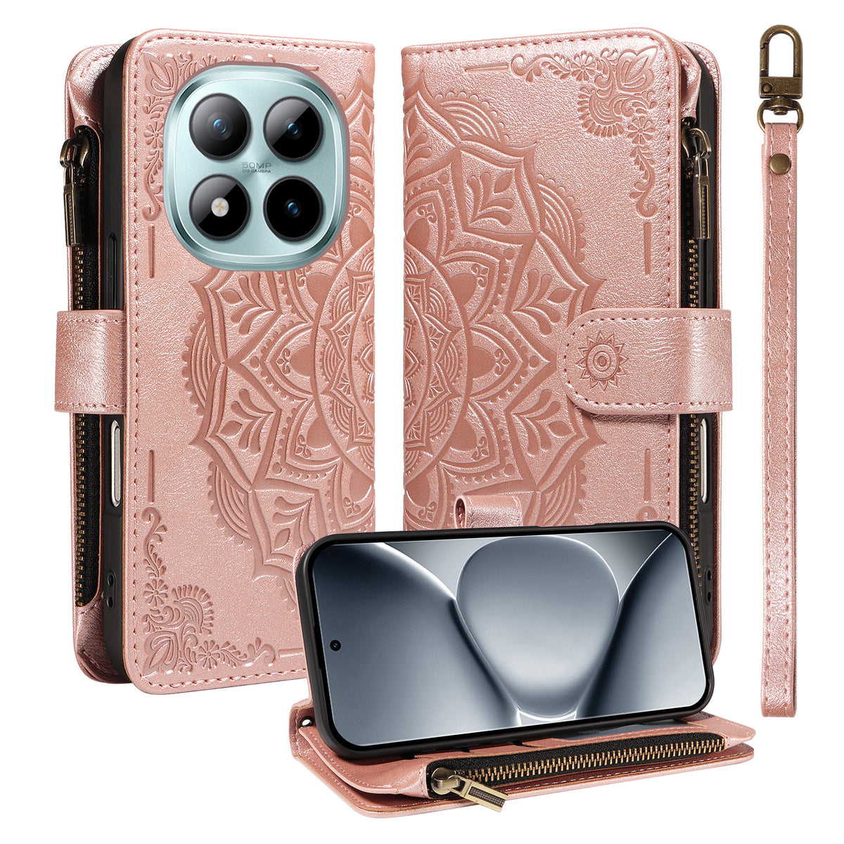 For Xiaomi Redmi Note 15 Pro+ 5G (Global) / Xiaomi Poco M8 Pro 5G Wallet Case 9 Card Slots RFID Blocking Mandala Embossed Leather Flip Cover with Wrist Strap