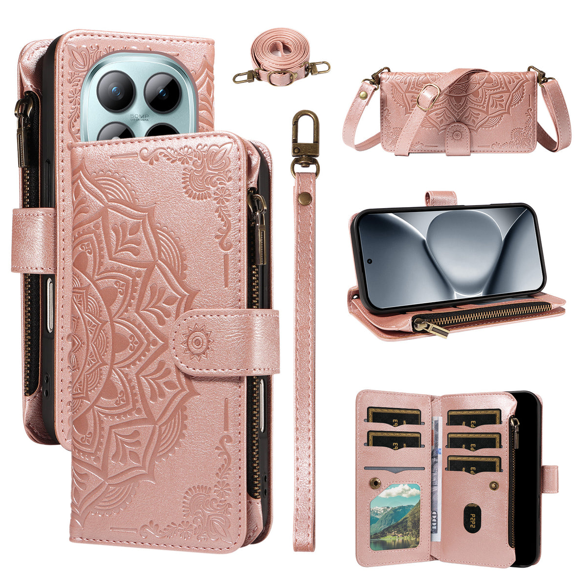 For Xiaomi Redmi Note 15 Pro+ 5G (Global) / Xiaomi Poco M8 Pro 5G Wallet Case 9 Card Slots RFID Blocking Mandala Embossed Leather Flip Cover with Wrist Strap
