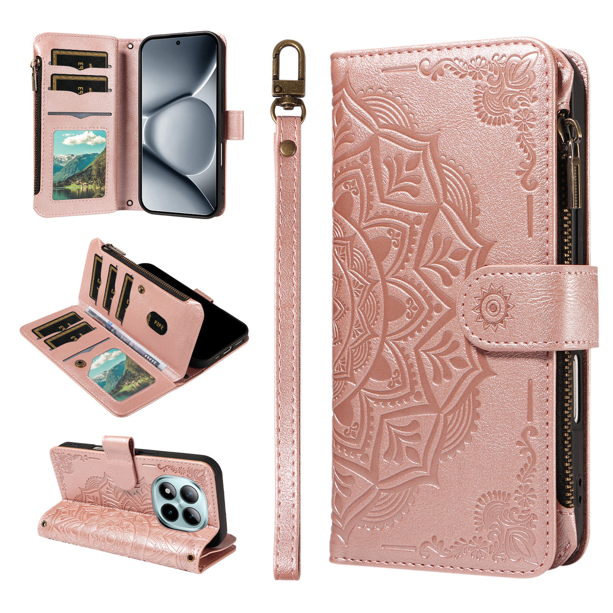 For Xiaomi Redmi Note 15 Pro+ 5G (Global) / Xiaomi Poco M8 Pro 5G Wallet Case 9 Card Slots RFID Blocking Mandala Embossed Leather Flip Cover with Wrist Strap