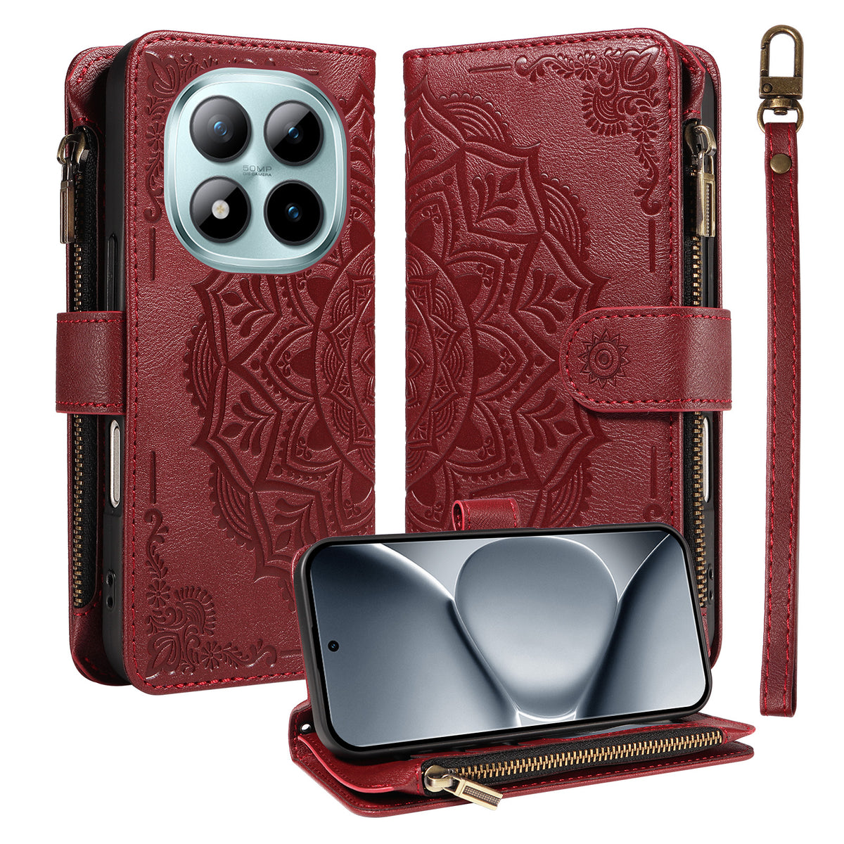 For Xiaomi Redmi Note 15 Pro+ 5G (Global) / Xiaomi Poco M8 Pro 5G Wallet Case 9 Card Slots RFID Blocking Mandala Embossed Leather Flip Cover with Wrist Strap