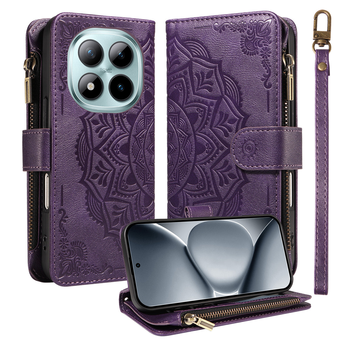 For Xiaomi Redmi Note 15 Pro+ 5G (Global) / Xiaomi Poco M8 Pro 5G Wallet Case 9 Card Slots RFID Blocking Mandala Embossed Leather Flip Cover with Wrist Strap