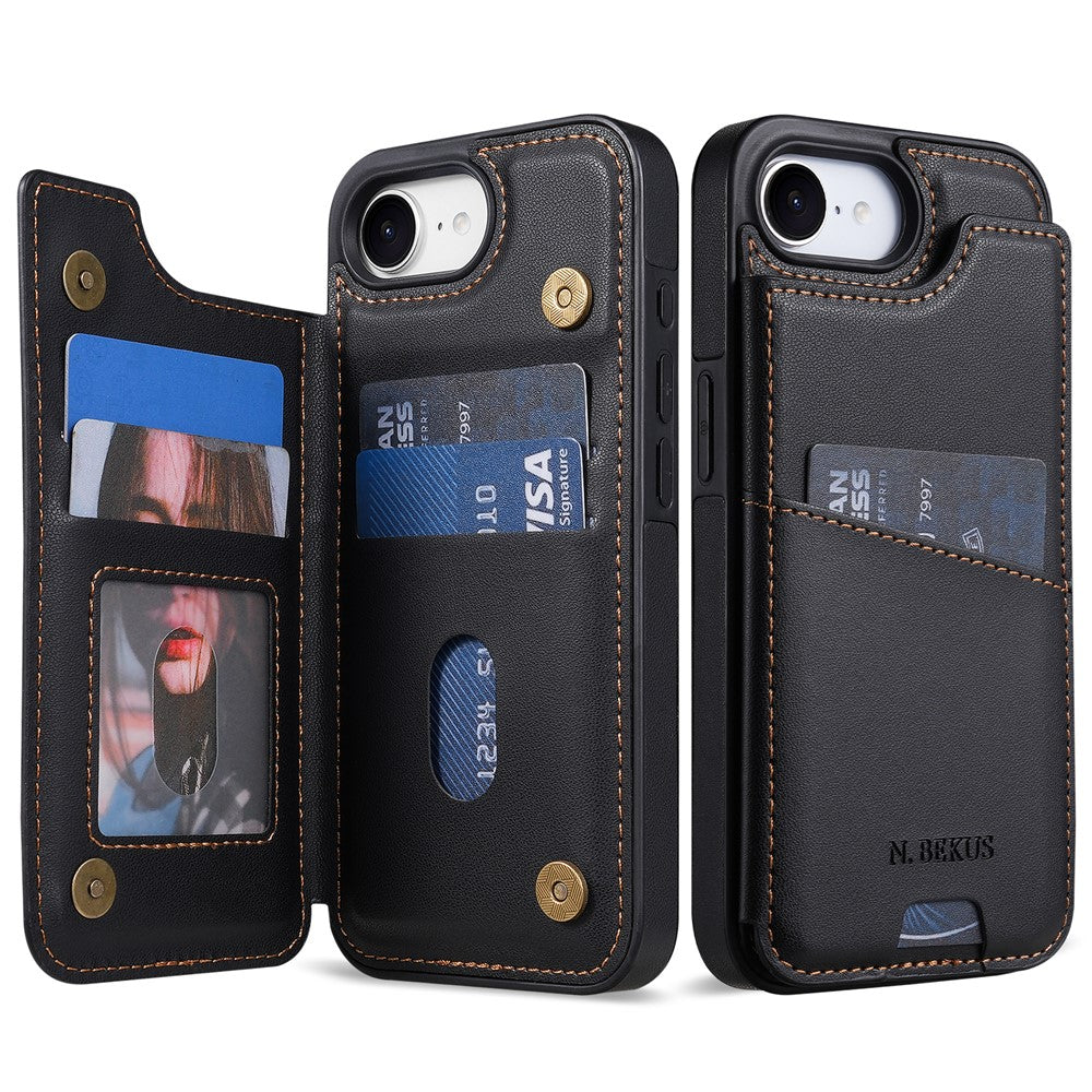 N.BEKUS P4  for iPhone 16e  /  17e Case Magnetic Buttons Leather + TPU Phone Cover with Card Holder Kickstand