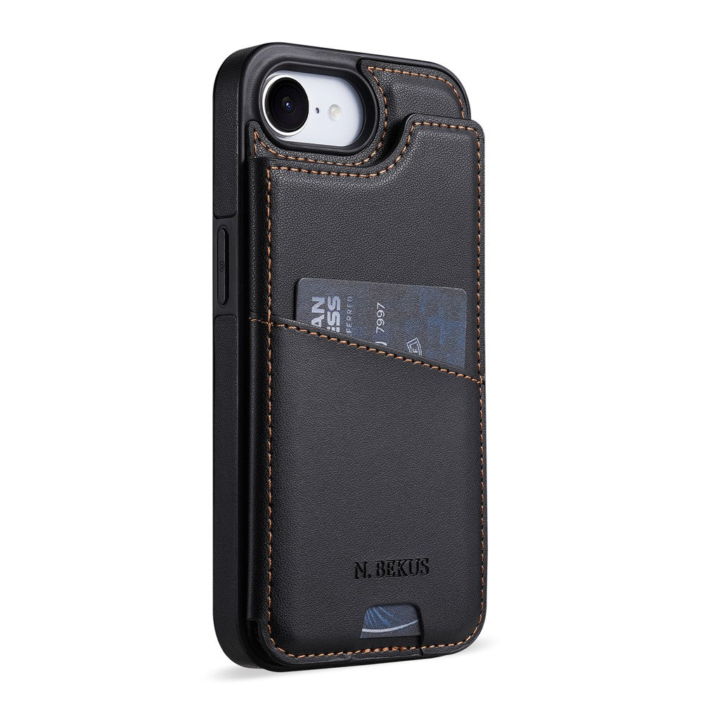 N.BEKUS P4  for iPhone 16e  /  17e Case Magnetic Buttons Leather + TPU Phone Cover with Card Holder Kickstand
