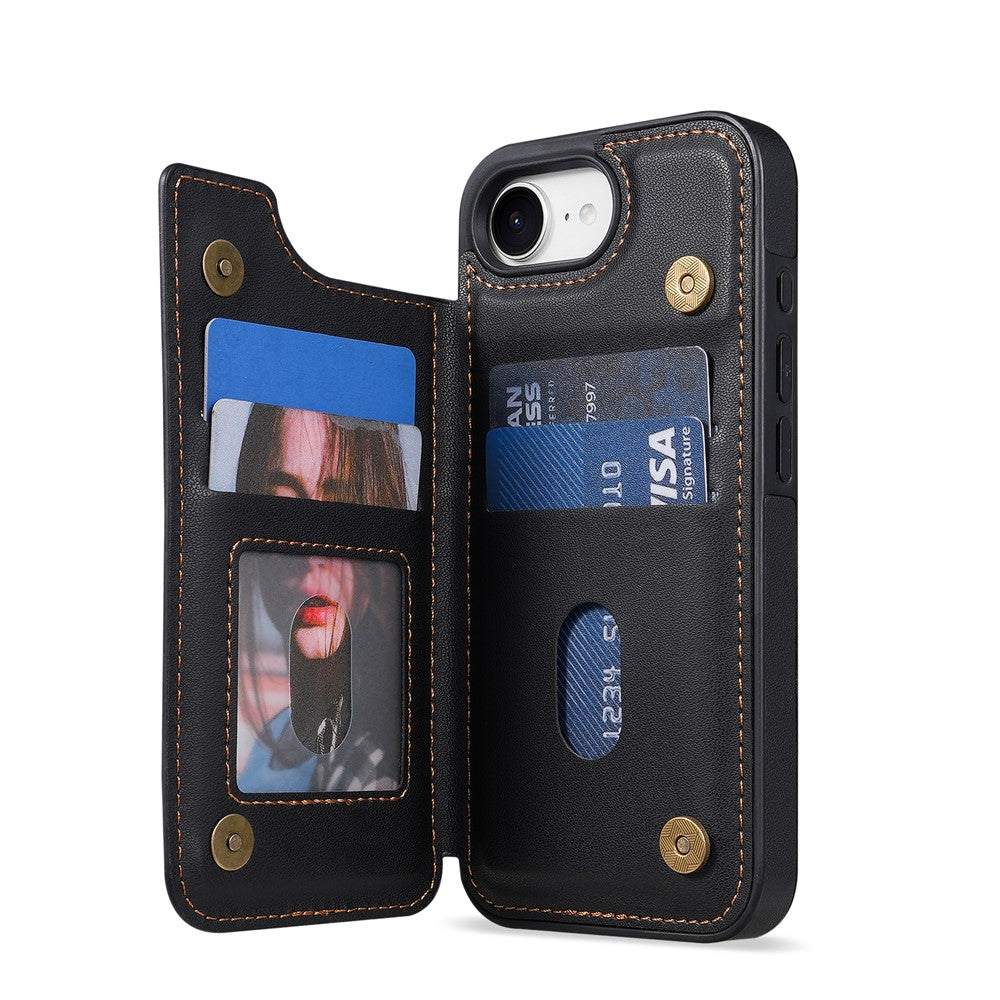 N.BEKUS P4  for iPhone 16e  /  17e Case Magnetic Buttons Leather + TPU Phone Cover with Card Holder Kickstand