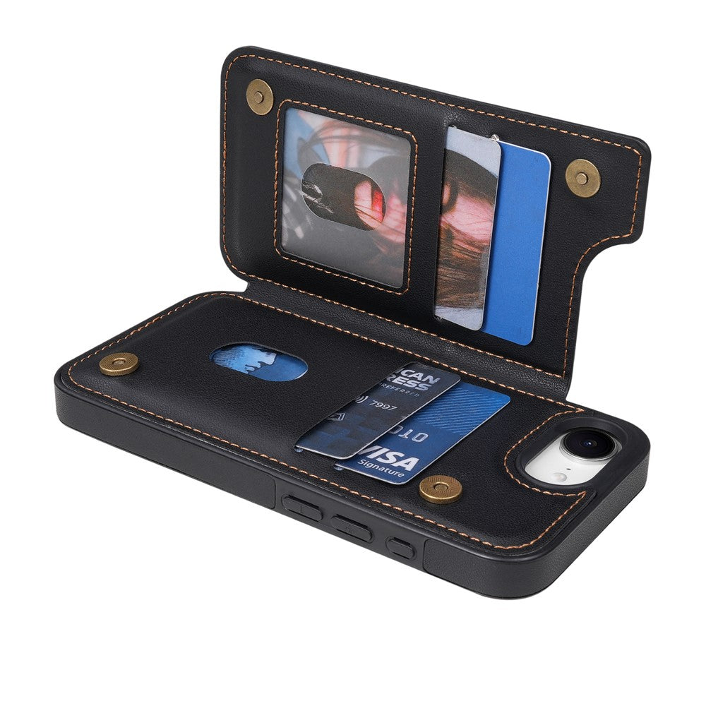 N.BEKUS P4  for iPhone 16e  /  17e Case Magnetic Buttons Leather + TPU Phone Cover with Card Holder Kickstand