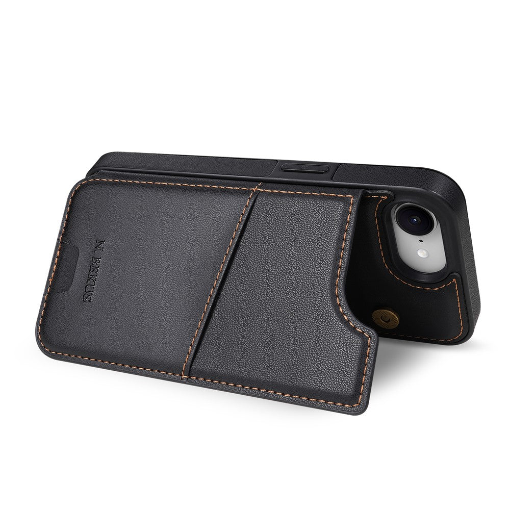 N.BEKUS P4  for iPhone 16e  /  17e Case Magnetic Buttons Leather + TPU Phone Cover with Card Holder Kickstand