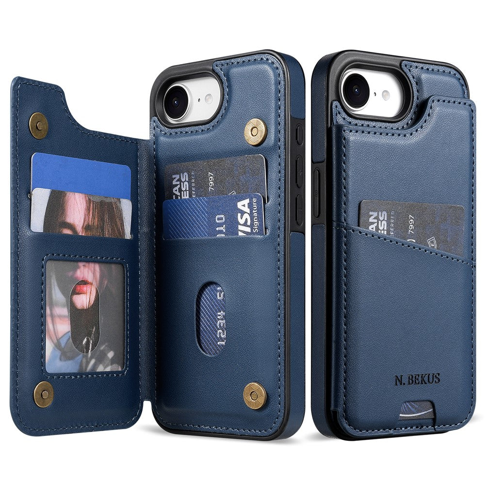 N.BEKUS P4  for iPhone 16e  /  17e Case Magnetic Buttons Leather + TPU Phone Cover with Card Holder Kickstand
