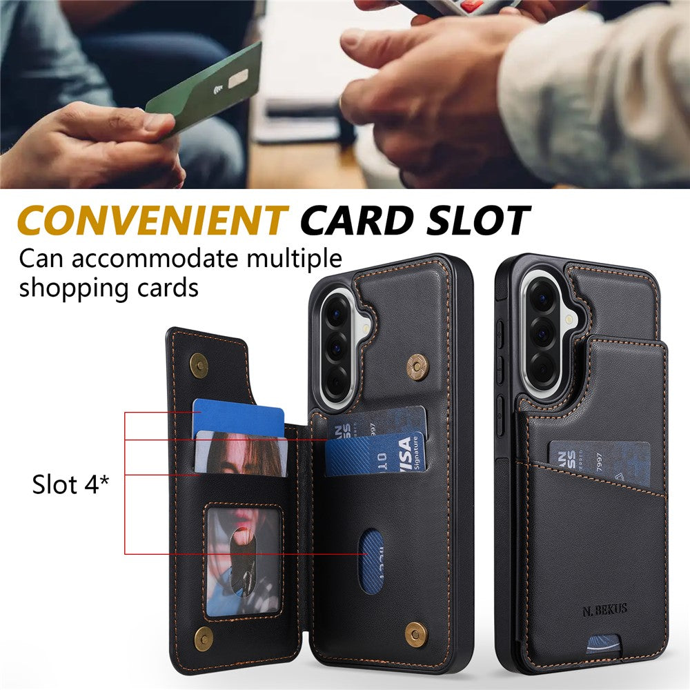 N.BEKUS P4 til Samsung Galaxy A18 5G / A18 4G / A17 5G / A17 4G / A26 5G etui med magnetknapper i læder + TPU telefoncover med kortholder og støttefod