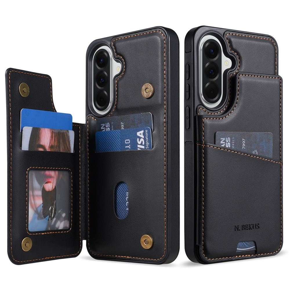 N.BEKUS P4 til Samsung Galaxy A18 5G / A18 4G / A17 5G / A17 4G / A26 5G etui med magnetknapper i læder + TPU telefoncover med kortholder og støttefod