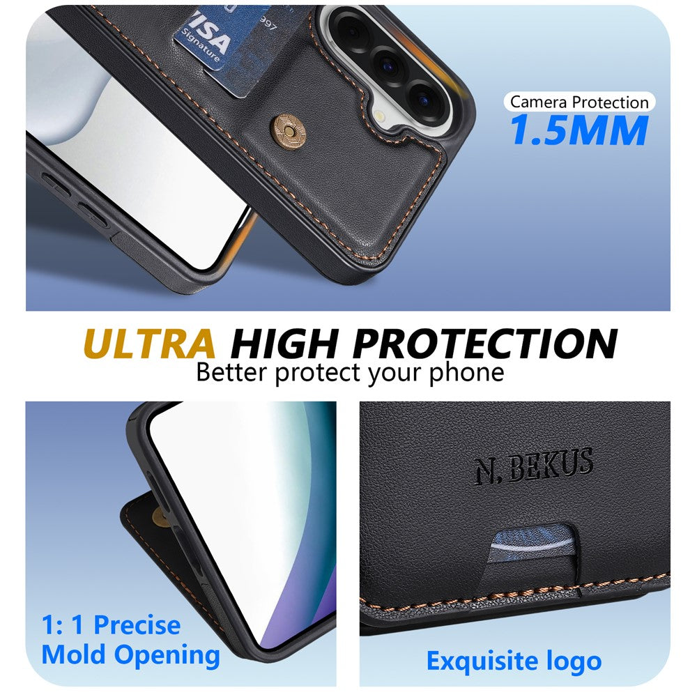N.BEKUS P4 til Samsung Galaxy A18 5G / A18 4G / A17 5G / A17 4G / A26 5G etui med magnetknapper i læder + TPU telefoncover med kortholder og støttefod