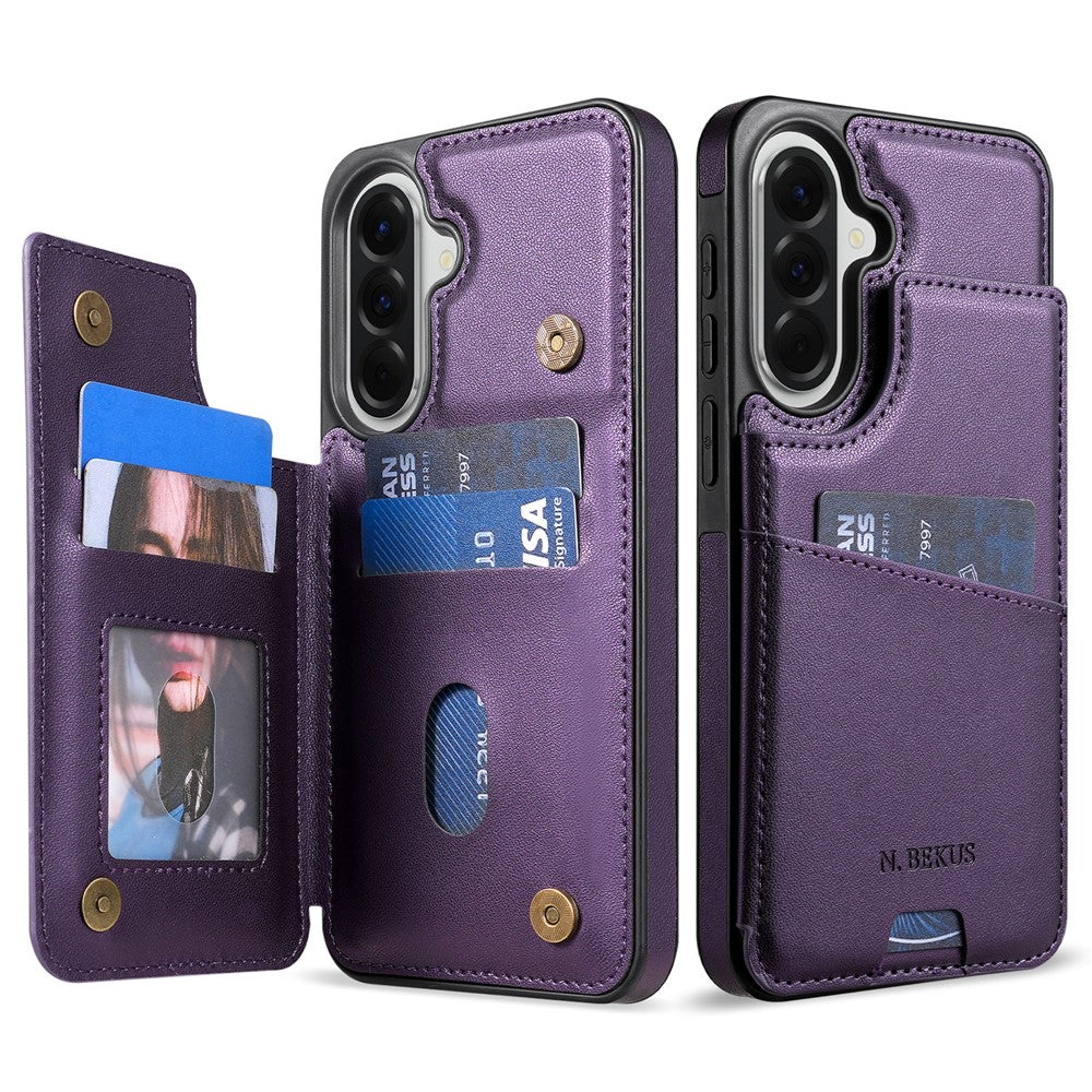 N.BEKUS P4 til Samsung Galaxy A18 5G / A18 4G / A17 5G / A17 4G / A26 5G etui med magnetknapper i læder + TPU telefoncover med kortholder og støttefod