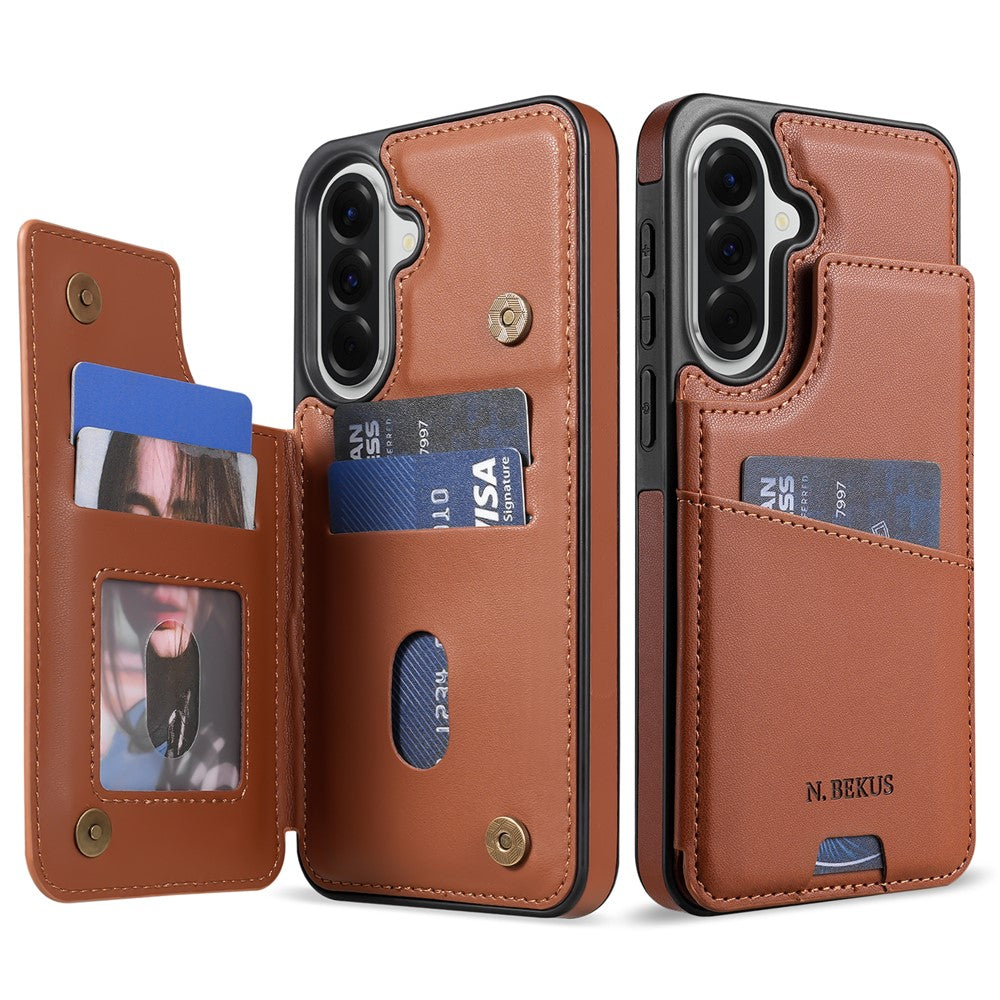 N.BEKUS P4 til Samsung Galaxy A18 5G / A18 4G / A17 5G / A17 4G / A26 5G etui med magnetknapper i læder + TPU telefoncover med kortholder og støttefod