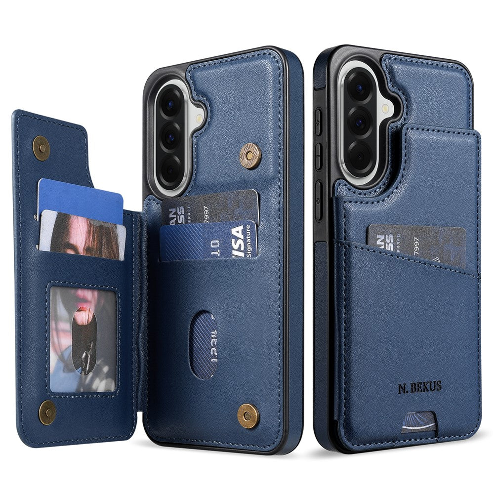 N.BEKUS P4 til Samsung Galaxy S24 FE Etui Magnetiske Knapper Læder + TPU Telefoncover med Kortlomme og Standerfunktion