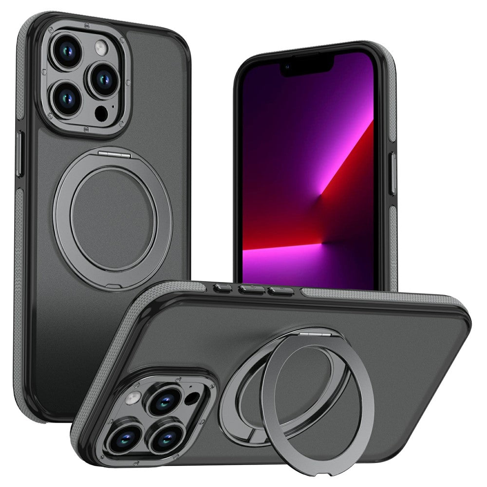 For iPhone 13 Pro Max Magnetic Case Double Color Rotating Ring Kickstand PC + TPU Phone Cover