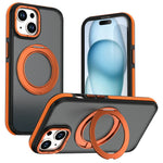 For iPhone 15 Magnetic Case Double Color Rotating Ring Kickstand PC + TPU Phone Cover