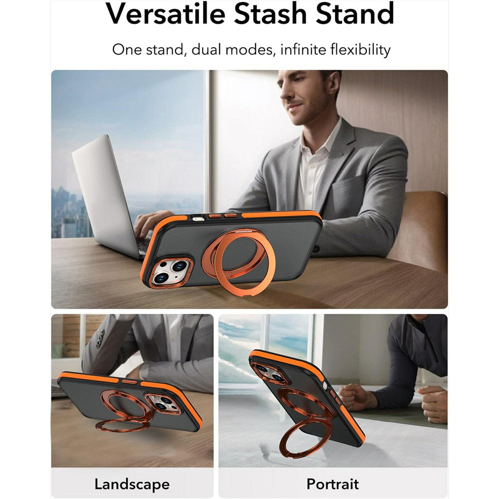 For iPhone 15 Magnetic Case Double Color Rotating Ring Kickstand PC + TPU Phone Cover