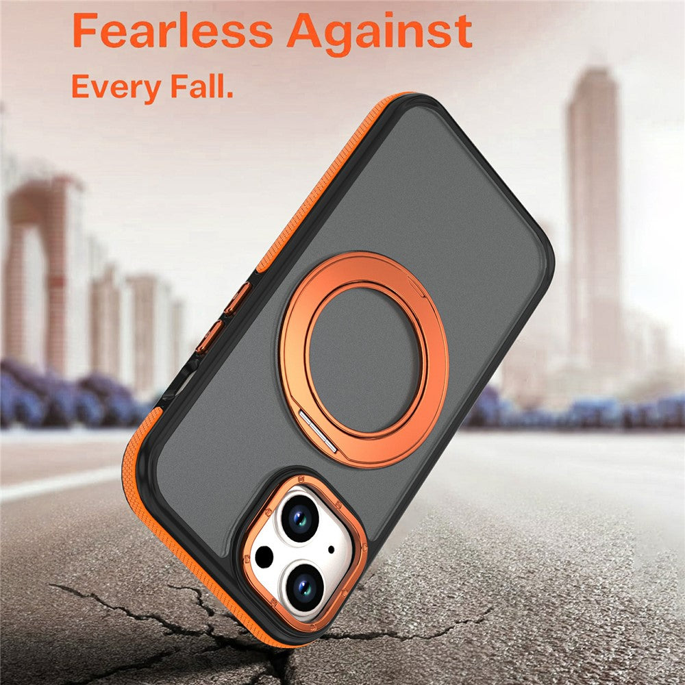 For iPhone 15 Magnetic Case Double Color Rotating Ring Kickstand PC + TPU Phone Cover