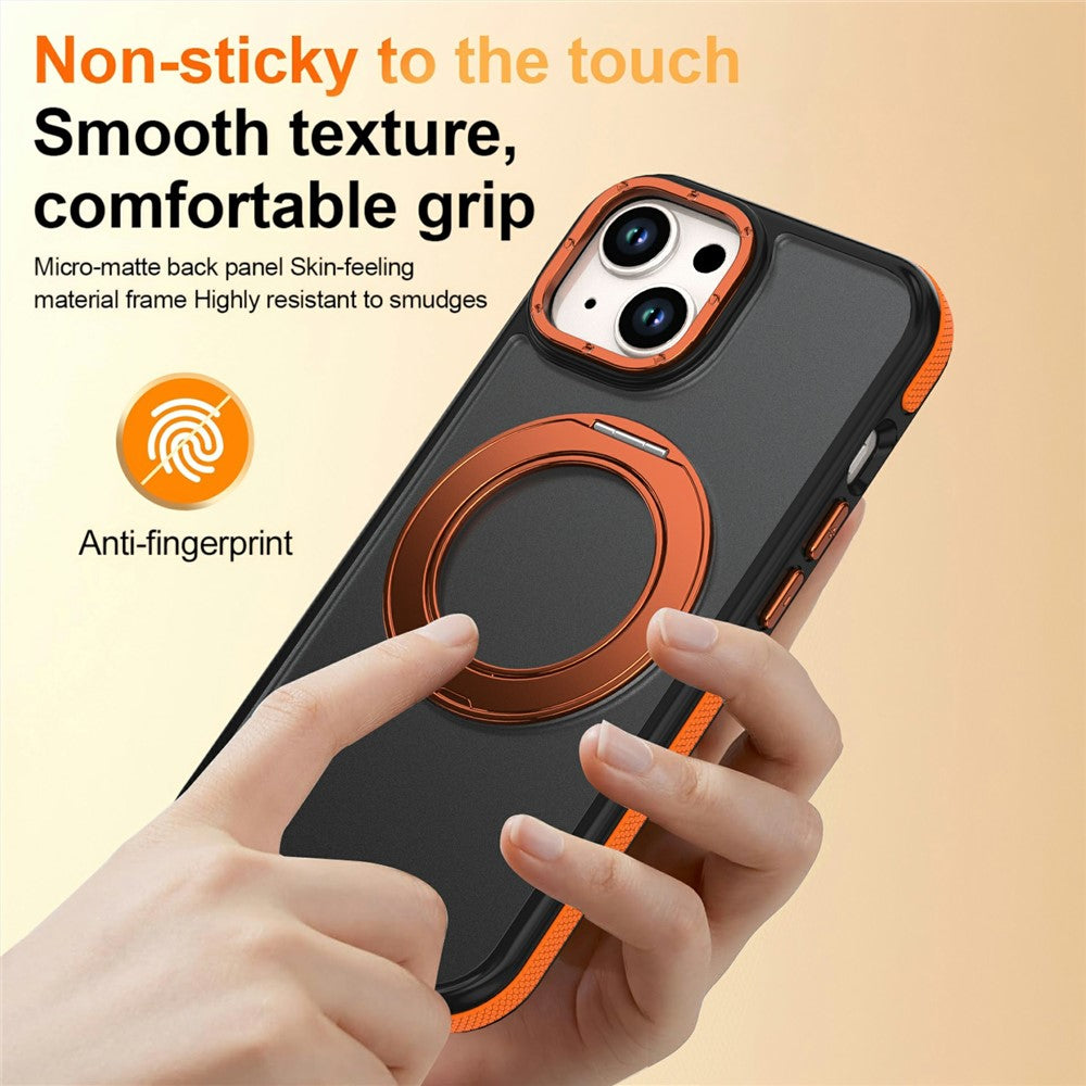 For iPhone 15 Magnetic Case Double Color Rotating Ring Kickstand PC + TPU Phone Cover